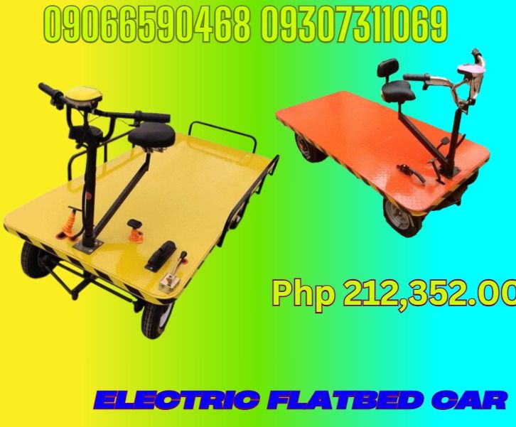 ELECTRIC FLATBED CAR (SIZE 2METERS BY 1METER) (Category: Looking For) located in Pasig City. Submitted by bhabeyf20983 (Listing ID 1465224712, Image 1). Description: ELECTRIC FLATBED CAR (SIZE 2METERS BY 1METER) PHP 212,352.00 1. Size2000X1000mm 2. A 360-degree rotation of the seat 3. Power 800 watts 4. Voltage 48 volts. 5. DC differential motor 6. Speed 20-25 km per hour 7. Plate height 41 cm above ground 8. Load 800 KG 9. Charger 48-20 10. Tire
