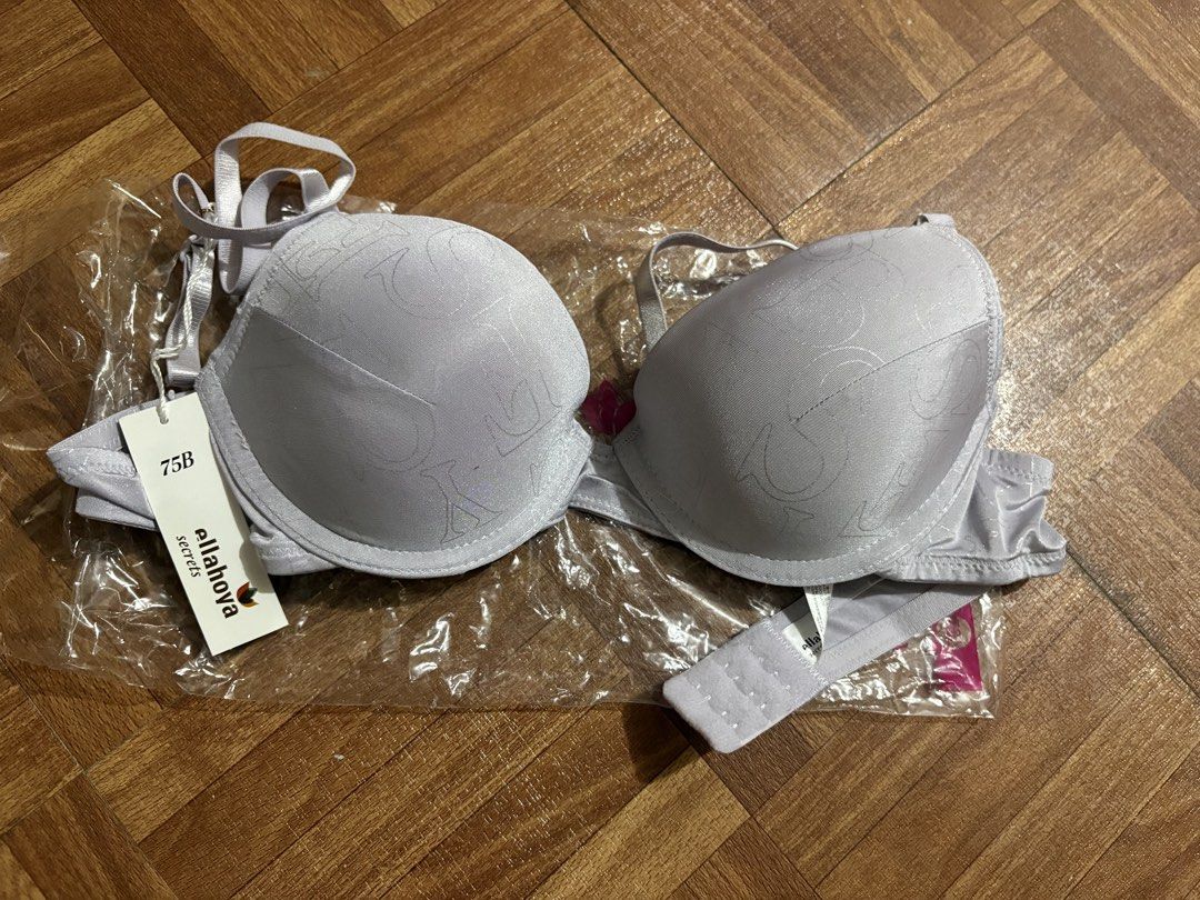Ellahova Secrets Push Up Bra Size 75B (Category: Undergarments & Loungewear) located in Manila. Submitted by nykji96 (Listing ID 1465176511, Image 2). Description: - Brand: Ellahova Secrets - Size: 75B - Quantity: Set of 4 pieces - Colors: Light purple, dark grey, blue, and pink with black lace - Support: Underwire support with adjustable straps - Condition: Brand new with tags attached, individually plastic packaged -Padala ng Friend ko From Kor