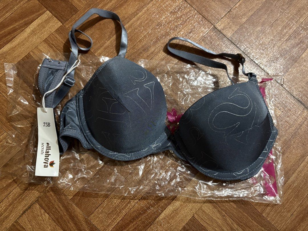 Ellahova Secrets Push Up Bra Size 75B (Category: Undergarments & Loungewear) located in Manila. Submitted by nykji96 (Listing ID 1465176511, Image 3). Description: - Brand: Ellahova Secrets - Size: 75B - Quantity: Set of 4 pieces - Colors: Light purple, dark grey, blue, and pink with black lace - Support: Underwire support with adjustable straps - Condition: Brand new with tags attached, individually plastic packaged -Padala ng Friend ko From Kor