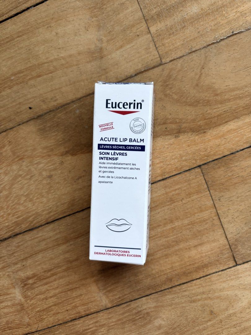 Eucerin Acute Lip Balm 10ml (Category: Face Care) located in Makati City. Submitted by skinsourcemnl (Listing ID 1465199506, Image 1). Description: - Product: Eucerin Acute Lip Balm - Size: 10ml tube - Condition: Brand new, unopened, sealed, with box - Expiry Date: 05/2029 (printed on crimped end) - Benefits: Instantly helps extremely dry and chapped lips with soothing Licochalcone A - Perfect to keep in your bag for everyday protection against d