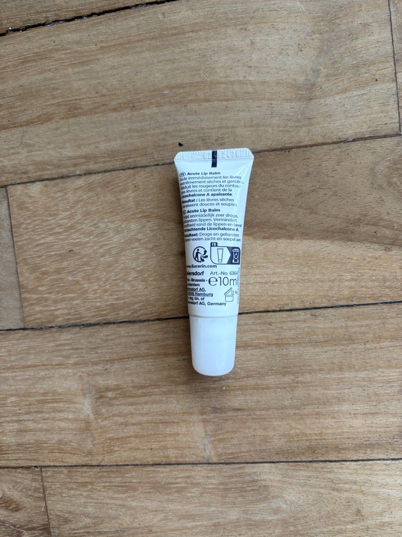 Eucerin Acute Lip Balm 10ml (Category: Face Care) located in Makati City. Submitted by skinsourcemnl (Listing ID 1465199506, Image 3). Description: - Product: Eucerin Acute Lip Balm - Size: 10ml tube - Condition: Brand new, unopened, sealed, with box - Expiry Date: 05/2029 (printed on crimped end) - Benefits: Instantly helps extremely dry and chapped lips with soothing Licochalcone A - Perfect to keep in your bag for everyday protection against d