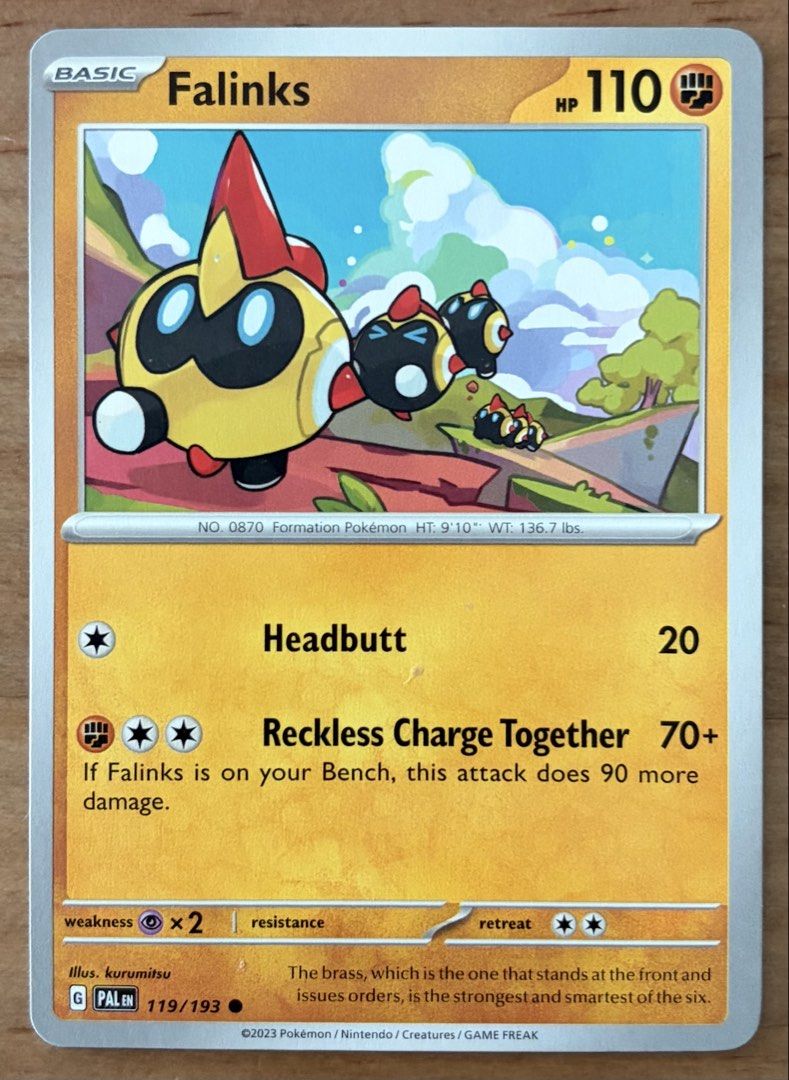 Falinks | Pokemon Cards ~ Paldea Evolved (Category: Raw Singles) located in Makati City. Submitted by cardlab (Listing ID 1465199799, Image 1). Description: Items are 💯 authentic/original/legit. About The Card: •Language: EN • Number: 119/193 • Common • Normal FOR: • Cards ₱99 and below with Card Sleeves • Cards ₱100 and up with Card Sleeves and Used Toploader • ₱10 for Bnew Tops Packaging (If Shipping): ✔️ Plastic cover ✔️ Cardboard ✔️ Bubble w