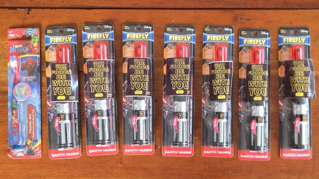 Firefly Star Wars Lightsaber Toothbrushes (Darth Vader) (Category: Kids Toys) located in Pasig City. Submitted by ge_borro (Listing ID 1465183145, Image 1). Description: All brandnew sealed 6pcs working, 1pc lowbatt with FREE brandnew Marvel Heroes Toothbrush Take all at price posted.
