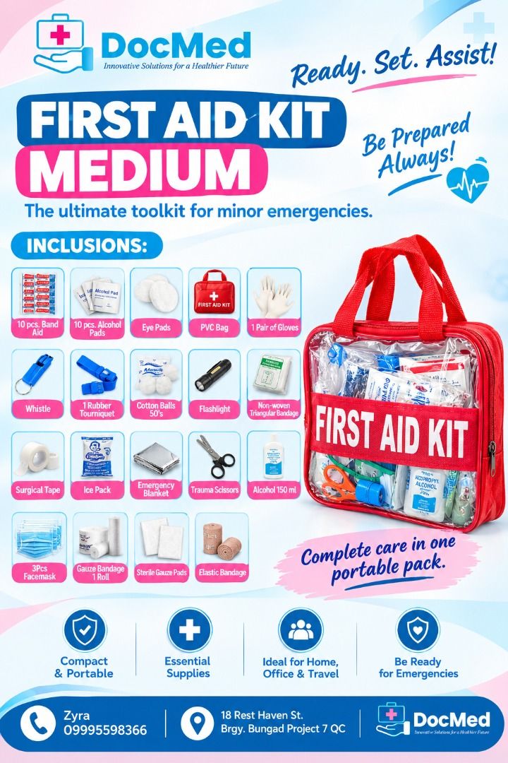 FIRST AID KIT WITH INCLUSIONS MEDIUM SIZE (Category: Medical Supplies & Tools) located in Caloocan City. Submitted by zeezee.stone (Listing ID 1465220922, Image 1). Description: 🩹 DOCMED FIRST AID KIT – MEDIUM 🩹 Ready. Set. Assist! Be prepared for minor emergencies with this complete and portable first aid kit—perfect for home, office, school, travel, and everyday needs. ❤️ 📦 COMPLETE INCLUSIONS: ✔️ Band Aids – 10 pcs ✔️ Alcohol Pads – 10 pcs 