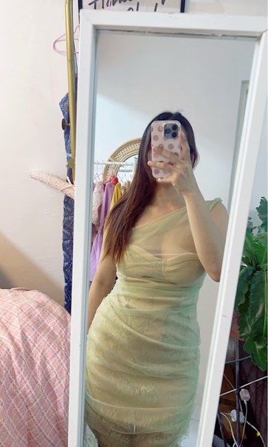 Padded Pale Olive Green mini dress (Category: Dresses) located in Cavite. Submitted by wishie_collects (Listing ID 1459808984, Image 2). Description: A light sage-green, one-shoulder mini dress featuring a structured sweetheart bodice underneath a sheer tulle overlay. The entire dress has an intricate lace overlay with all-over ruche detailing for a fitted, textured look. Size S to M.