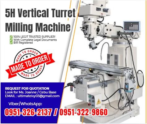 For Sale 5H vertical turret milling machine (Category: Everything Else Others) located in Caloocan City. Submitted by joanna165_ocean (Listing ID 1465211507, Image 1). Description: 1. Table size (mm): 1370*305 2. T slots (N/W/D): 3/16/65 3. Table Longitudinal travel (mm):750 (850 manually) 4. Table Cross travel (mm):400 5. Table vertical travel(mm): 400 6. Quill shaft travel (mm):127 7. Distance between spindle center and column (mm):170-520 8. D