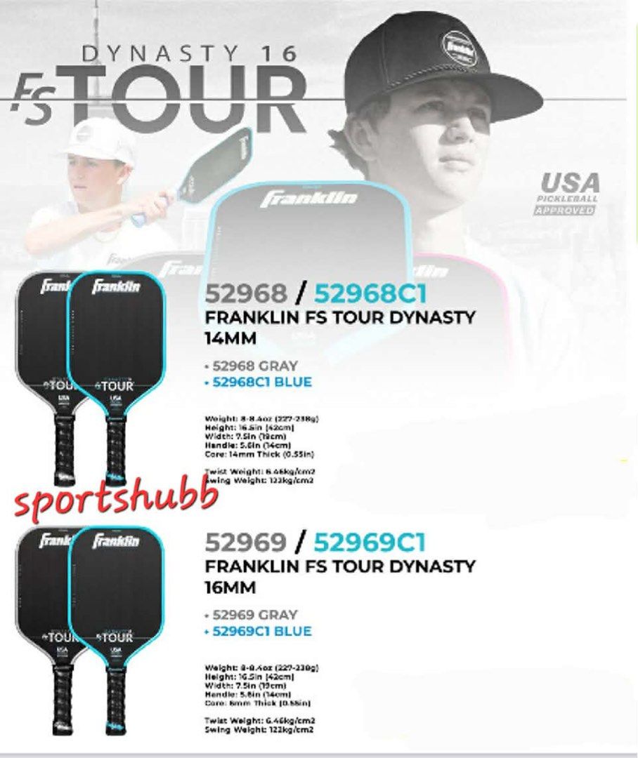 Franklin FS Tour Dynasty (Category: Other Sports Equipment and Supplies) located in Quezon City. Submitted by mike10sitaldas (Listing ID 1465174586, Image 1). Description: Franklin FS Tour Dynasty 7,500 Php / Brand new Available: 14mm 16mm Dynasty CARBON FIBER SURFACE: These USA Pickleball approved FS Tour Series pickleball paddles are constructed with premium T700 raw carbon fiber surface layer which creates a naturally textured paddle surface t