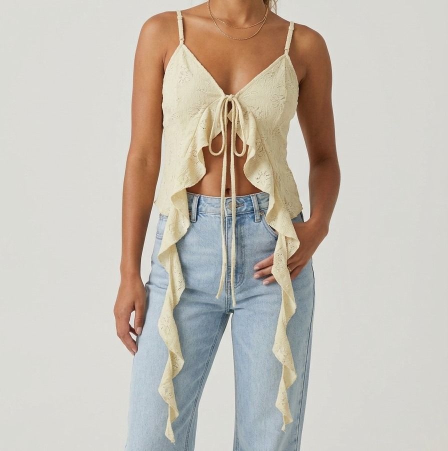 Front Tie Ruffle Cami Crop Top – Light Green (Fits S–M) (Category: Others Tops) located in Manila. Submitted by secondchapterr (Listing ID 1465330721, Image 1). Description: Color: Light Green Style: Front Tie, Asymmetric Ruffled Hem, Thin Shoulder Straps, Textured Lace/Eyelet Fabric Size Fit: Fits Small to Semi-Medium (adjustable front tie) Condition: Excellent / Pre-loved (No flaws, stains, or tears).
