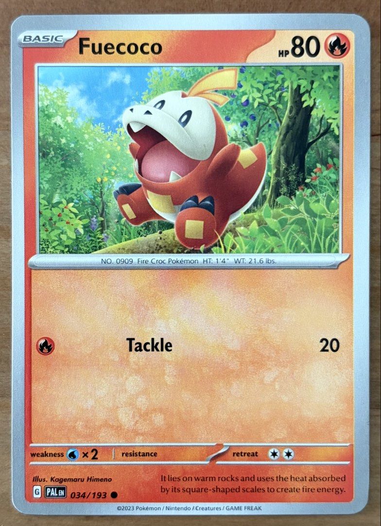 Fuecoco | Pokemon Cards ~ Paldea Evolved (Category: Raw Singles) located in Makati City. Submitted by cardlab (Listing ID 1465181443, Image 1). Description: Items are 💯 authentic/original/legit. About The Card: •Language: EN • Number: 034/193 • Common • Normal FOR: • Cards ₱99 and below with Card Sleeves • Cards ₱100 and up with Card Sleeves and Used Toploader • ₱10 for Bnew Tops Packaging (If Shipping): ✔️ Plastic cover ✔️ Cardboard ✔️ Bubble w
