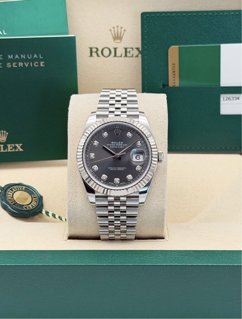 Fullset Datejust 41mm Grey Rhodium Diamond Dial (Category: Luxury Watches) located in Manila. Submitted by timelesseleganceph (Listing ID 1465198975, Image 1). Description: Fullset Datejust 41mm Grey Rhodium Diamond Dial Reference 126334 Size 41mm Dated Dec 2018 Grey Rhodium Diamond in 18k White Gold Fluted Bezel on Jubilee Bracelet Complete/Fullset - Box, Warranty Card, Booklets, Green Tag.