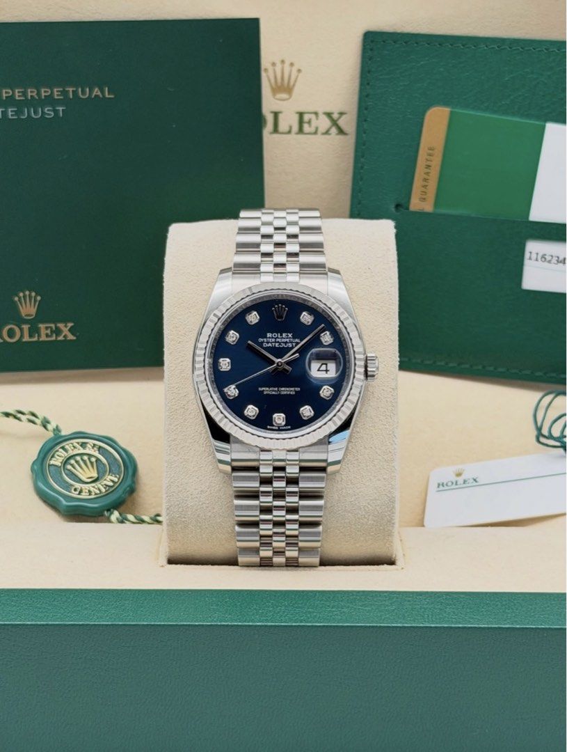Fullset Rolex Datejust 36mm Blue Diamond Dial (Category: Luxury Watches) located in Manila. Submitted by timelesseleganceph (Listing ID 1465210204, Image 1). Description: Fullset Rolex Datejust 36mm Blue Diamond Dial Reference 116234 Size 36mm Dated Nov 2018 18K WG Fluted Bezel In Blue Big Diamond Dial On Continuous Super Jubilee Bracelet Complete/Fullset - Box, Warranty Paper, Card Holder, Booklets, Tags.