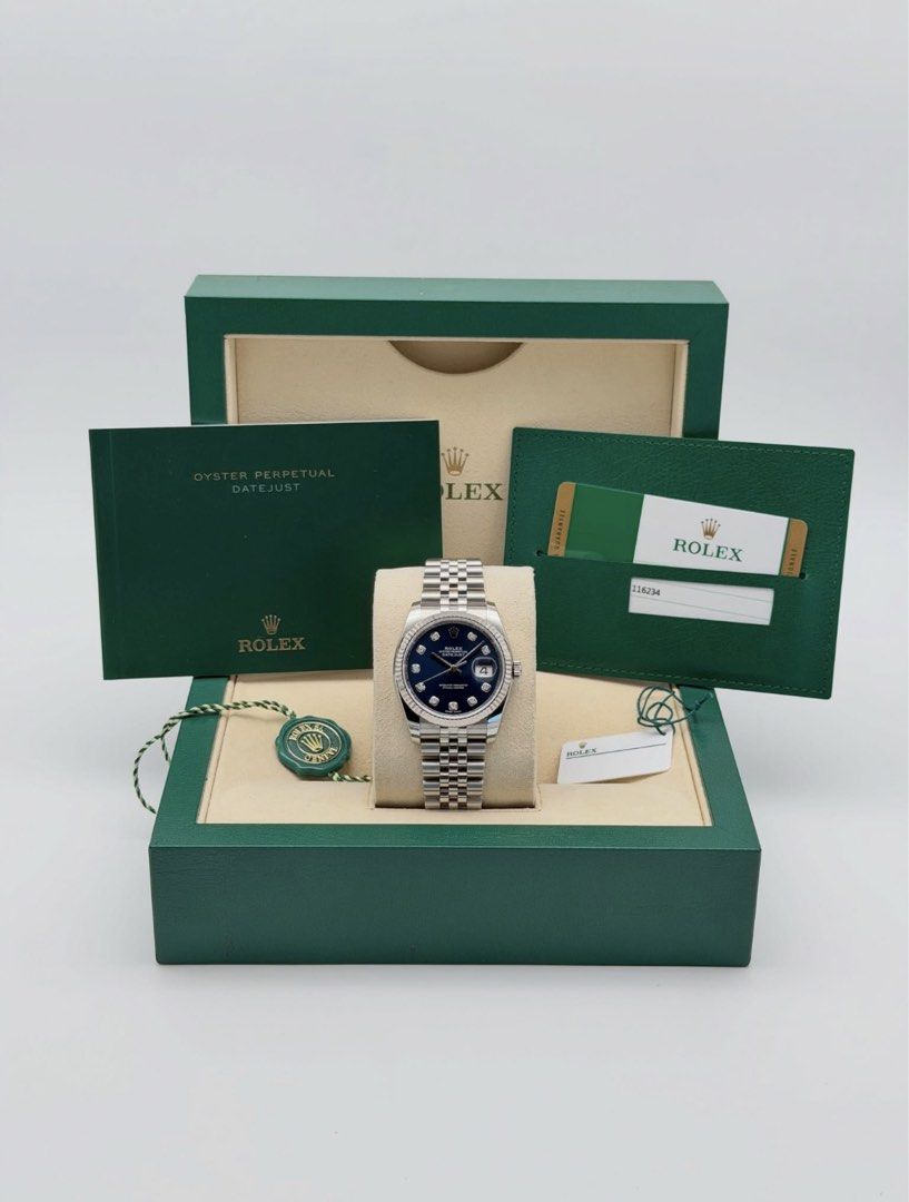 Fullset Rolex Datejust 36mm Blue Diamond Dial (Category: Luxury Watches) located in Manila. Submitted by timelesseleganceph (Listing ID 1465210204, Image 2). Description: Fullset Rolex Datejust 36mm Blue Diamond Dial Reference 116234 Size 36mm Dated Nov 2018 18K WG Fluted Bezel In Blue Big Diamond Dial On Continuous Super Jubilee Bracelet Complete/Fullset - Box, Warranty Paper, Card Holder, Booklets, Tags.