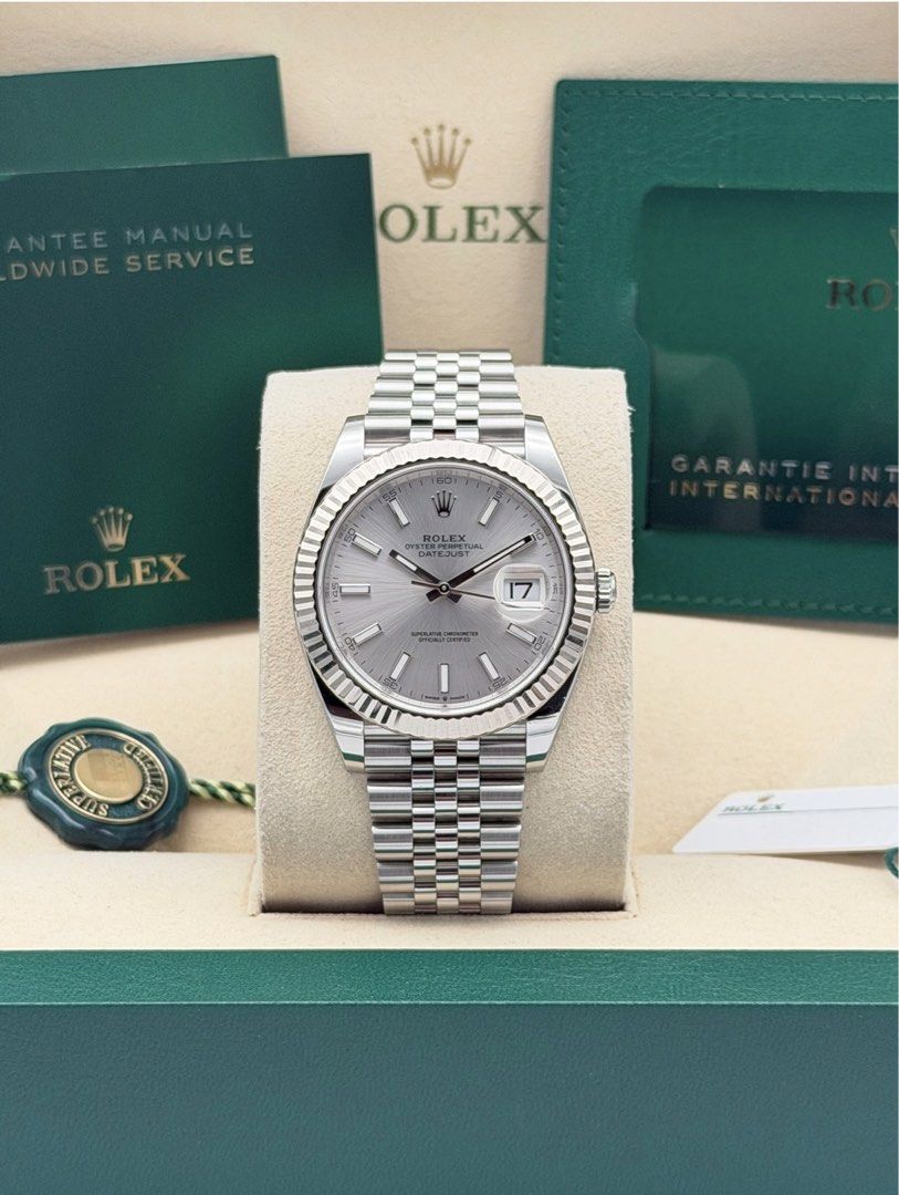 Fullset Rolex Datejust 41mm Silver Dial (Category: Luxury Watches) located in Manila. Submitted by timelesseleganceph (Listing ID 1465198156, Image 1). Description: Fullset Rolex Datejust 41mm Silver Dial Reference 126334 Size 41mm Dated Dec 2023 Silver Dial in 18k White Gold Fluted Bezel and Jubilee Bracelet Complete/Fullset - Box, Warranty Card, Booklets, Green Tag.