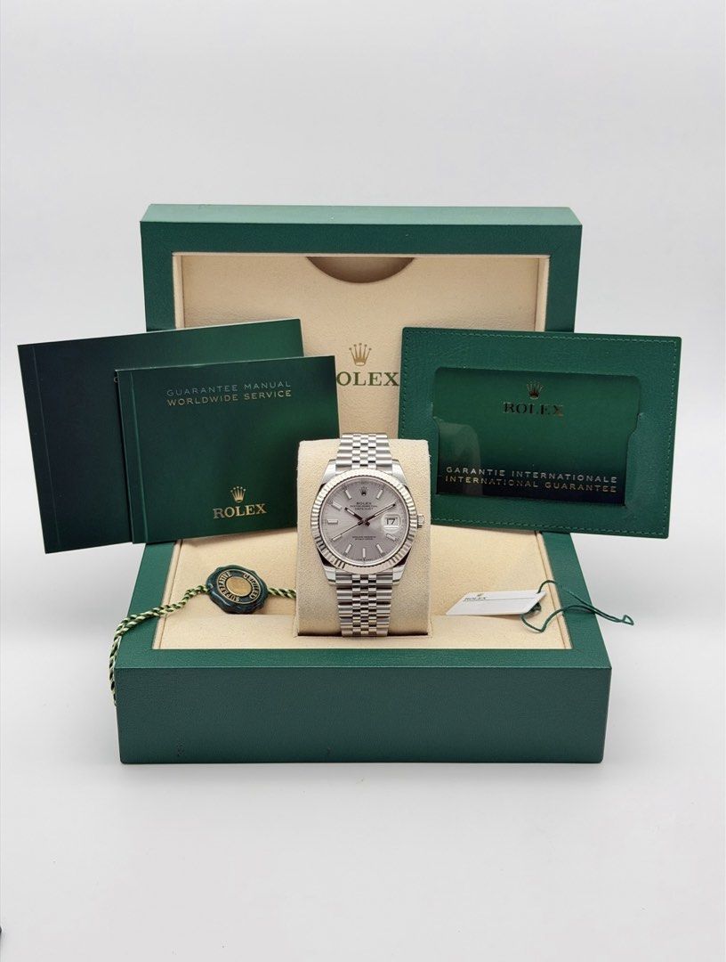 Fullset Rolex Datejust 41mm Silver Dial (Category: Luxury Watches) located in Manila. Submitted by timelesseleganceph (Listing ID 1465198156, Image 2). Description: Fullset Rolex Datejust 41mm Silver Dial Reference 126334 Size 41mm Dated Dec 2023 Silver Dial in 18k White Gold Fluted Bezel and Jubilee Bracelet Complete/Fullset - Box, Warranty Card, Booklets, Green Tag.
