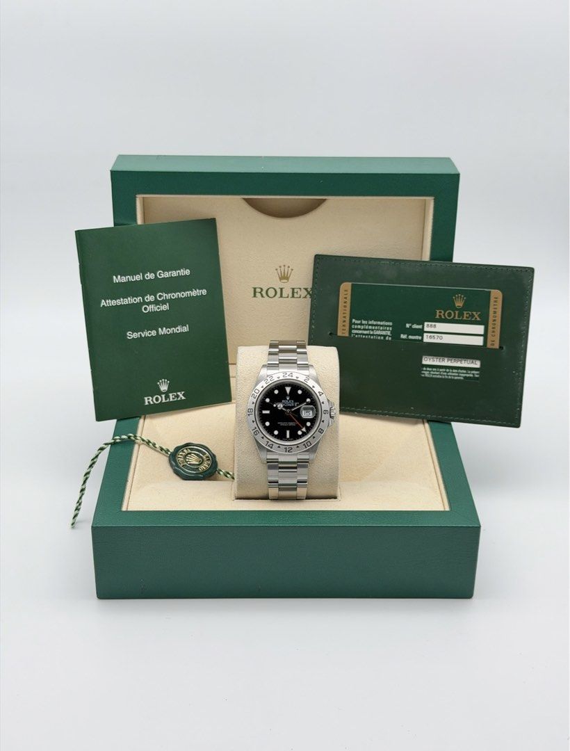 Fullset Rolex Explorer II Black 40mm (Category: Luxury Watches) located in Manila. Submitted by timelesseleganceph (Listing ID 1465197046, Image 2). Description: Fullset Rolex Explorer II Black 40mm Reference 16570 Size 40mm Dated 2007 Transitional Rolex Card not Paper Complete/Fullset - Box, Card, Card Holder, Booklet.