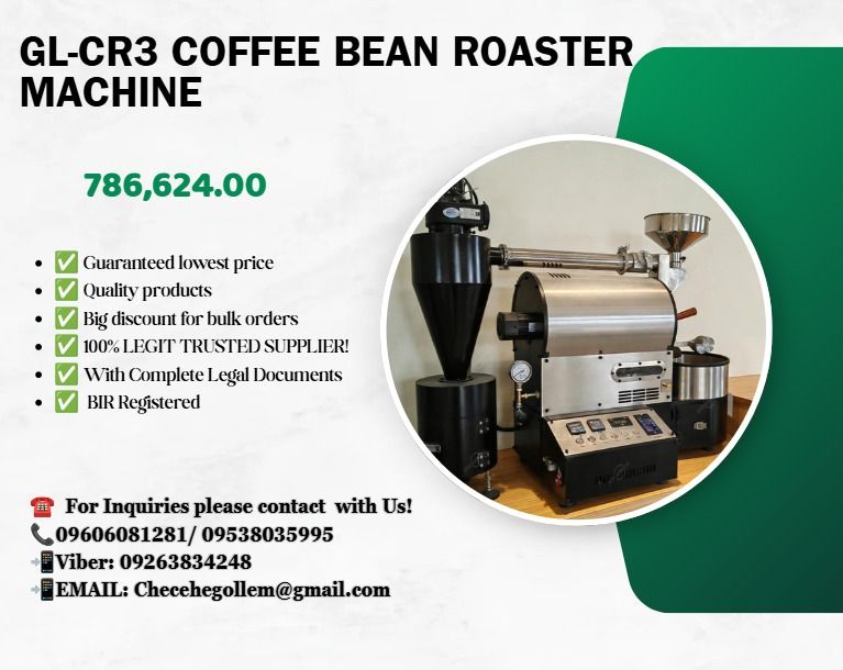 GL-CR3 Coffee Bean Roaster machine (Category: Everything Else Others) located in Caloocan City. Submitted by 09513227950 (Listing ID 1465214460, Image 1). Description: ●Output: 3Kg/time ●Power: 1/8Hp*3.100W*1. ●Gas consumption: 0.7Kg/hour per batch. ●Mechanical size: 1420mm*610mm*1410mm. ●Mechanical weight: 160Kgs. .