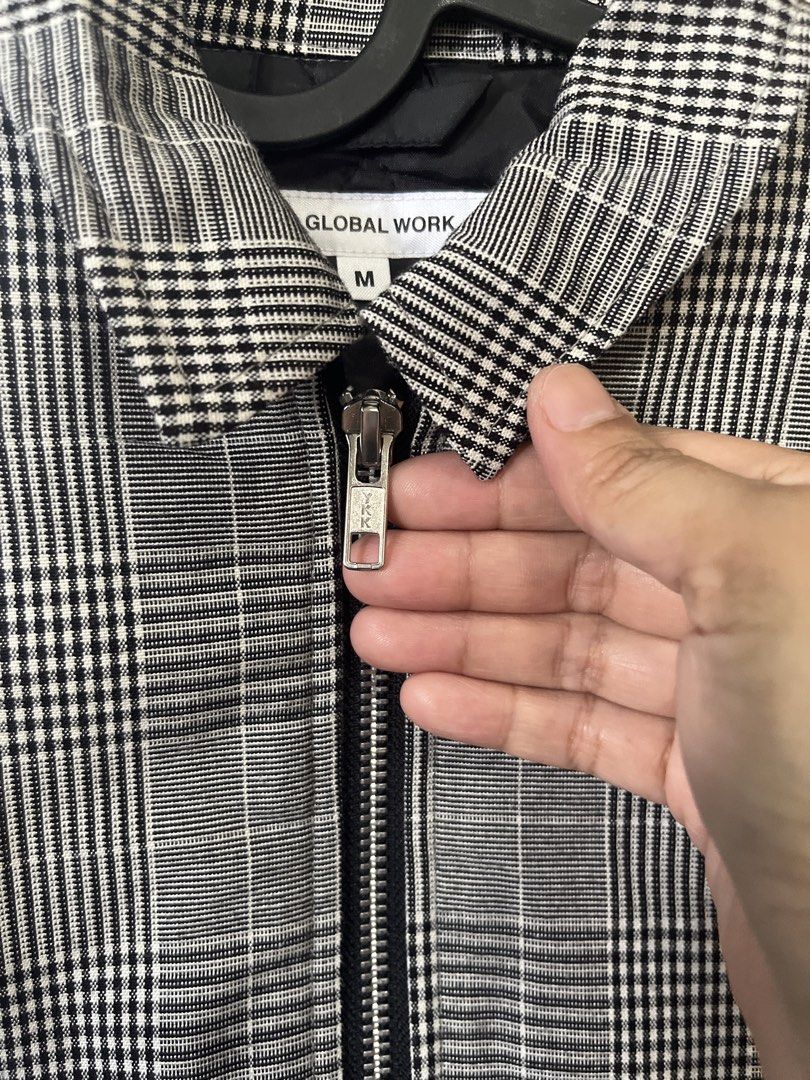 GLOBAL WORK Black White Plaid Jacket Size M (Category: Babies & Kids Fashion) located in Tarlac. Submitted by mydeezoo (Listing ID 1465225647, Image 2). Description: - Brand/Style: Global Work black and white plaid jacket - Size: Medium (tag attached) - Features: Full zip front with collar, quilted black inner lining - Pockets & Cuffs: Two front pockets and button cuffs - Condition: great for cooler weather.