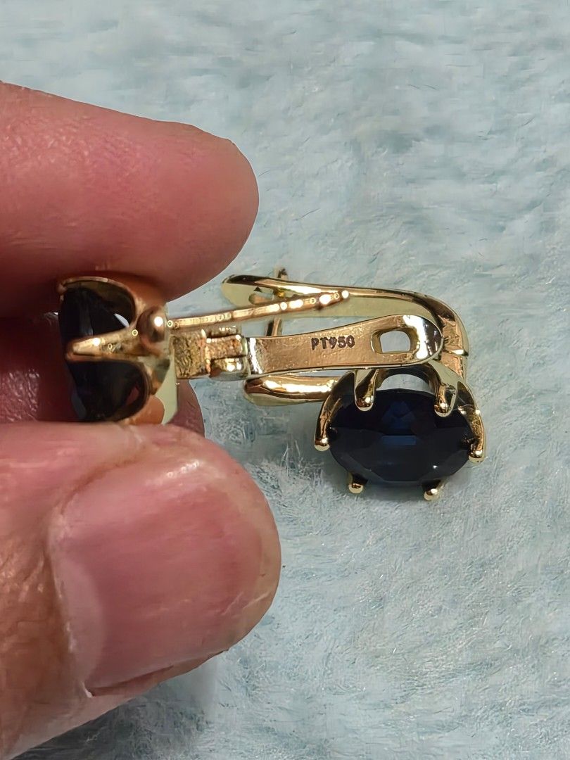 Gold Blue Sapphire Leverback Earrings PT950 (Category: Earrings) located in Mandaue City. Submitted by chuchi152615 (Listing ID 1465288283, Image 2). Description: - Gold-tone finish with deep blue round faceted stones - Secure leverback closure for easy, comfortable daily wear - Marked PT950 on the metal clasp - Clean and polished design - Versatile everyday accessory.