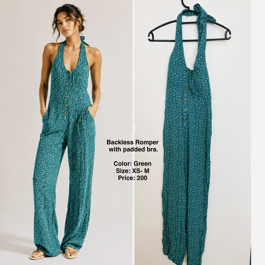 Green Backless Romper with Padded Bra Size XS-M (Category: Rompers) located in Manila. Submitted by smartmomma (Listing ID 1465299959, Image 1). Description: Green floral backless romper. Built-in padded bra, halter neck tie. Button front closure down the chest. Long loose pant legs. Size ranges from XS to M. Grab it for 200..