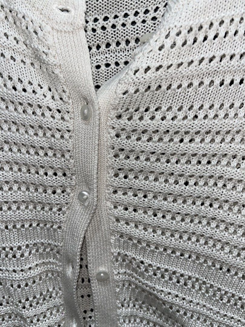 GU White Open Knitted Cardigan (Category: Others Tops) located in Rizal. Submitted by bypc5678 (Listing ID 1465355579, Image 3). Description: - Brand: GU - Size: M (fit upt large) - Design: Short sleeves, front button - Style: openwork crochet knit pattern.
