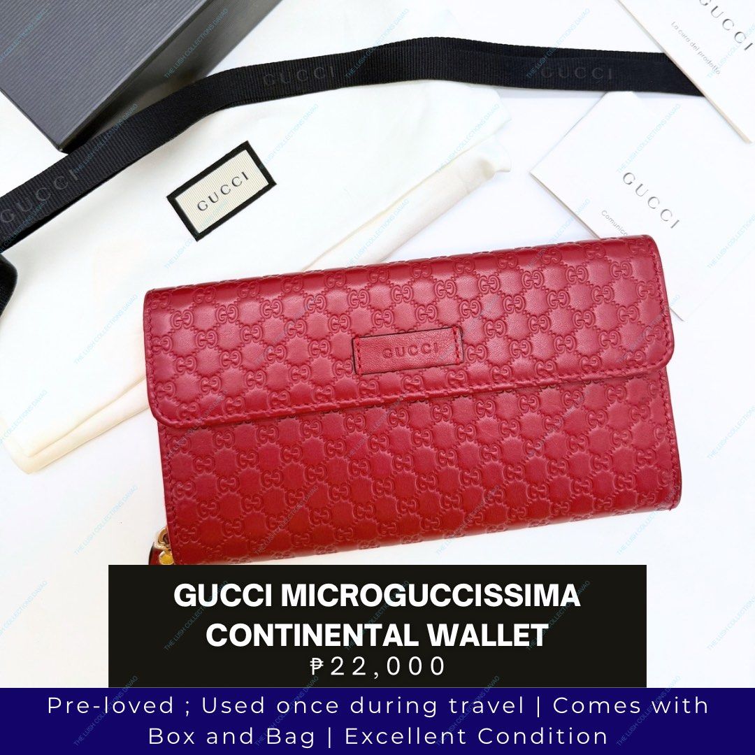 Gucci Microguccissima Continental Wallet Red (Category: Luxury Bags & Wallets) located in Davao. Submitted by swift.coco2026 (Listing ID 1465337822, Image 1). Description: - 100% Authentic red Gucci wallet in microguccissima leather - Condition: Used only once, practically flawless - Features: Front snap closure, top zippered compartment, multiple card slots, and ID window - Inclusions: Original box, dust bag, and care cards included.
