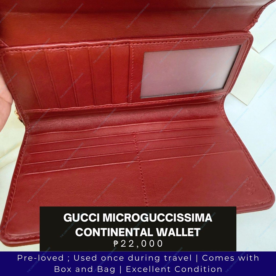 Gucci Microguccissima Continental Wallet Red (Category: Luxury Bags & Wallets) located in Davao. Submitted by swift.coco2026 (Listing ID 1465337822, Image 2). Description: - 100% Authentic red Gucci wallet in microguccissima leather - Condition: Used only once, practically flawless - Features: Front snap closure, top zippered compartment, multiple card slots, and ID window - Inclusions: Original box, dust bag, and care cards included.