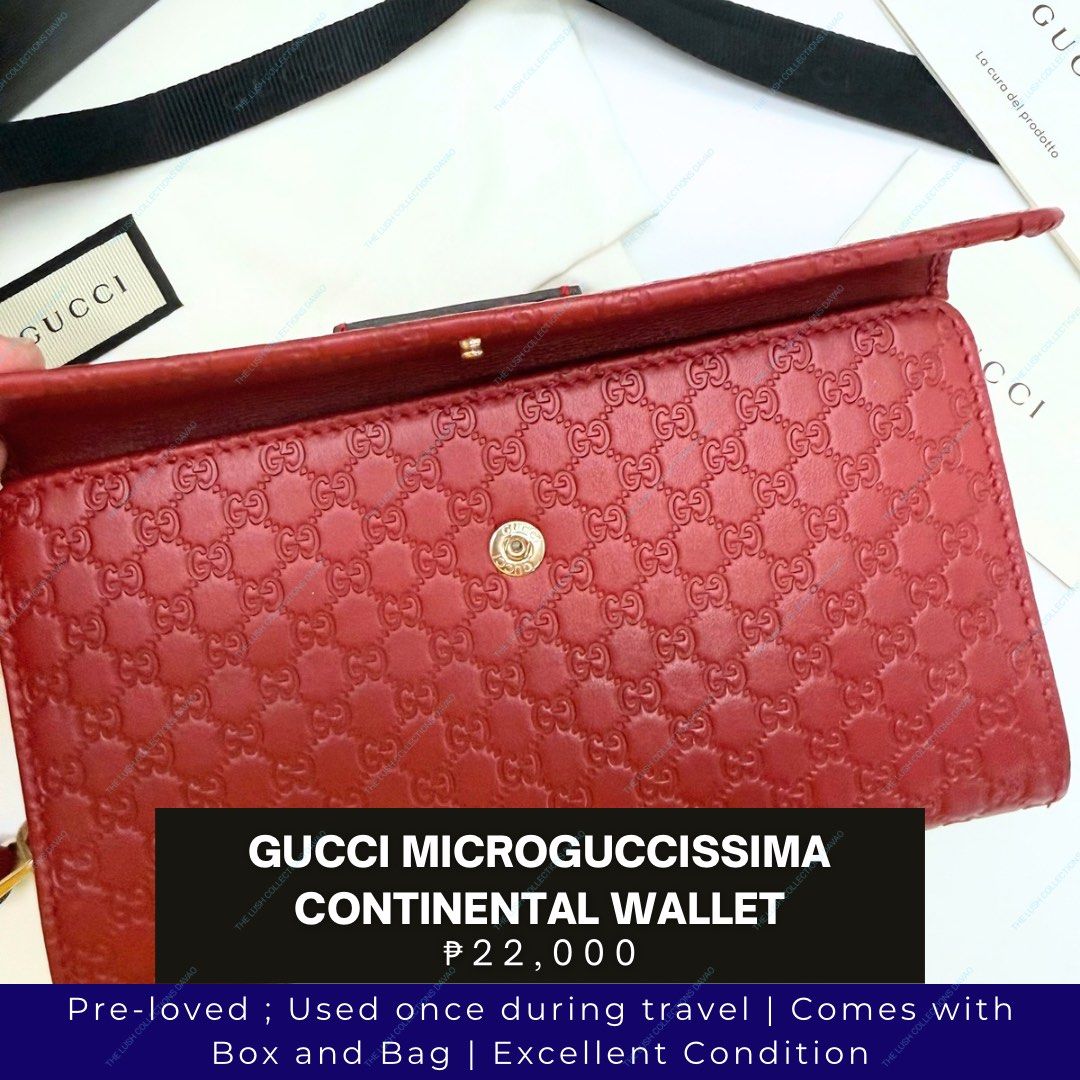 Gucci Microguccissima Continental Wallet Red (Category: Luxury Bags & Wallets) located in Davao. Submitted by swift.coco2026 (Listing ID 1465337822, Image 3). Description: - 100% Authentic red Gucci wallet in microguccissima leather - Condition: Used only once, practically flawless - Features: Front snap closure, top zippered compartment, multiple card slots, and ID window - Inclusions: Original box, dust bag, and care cards included.