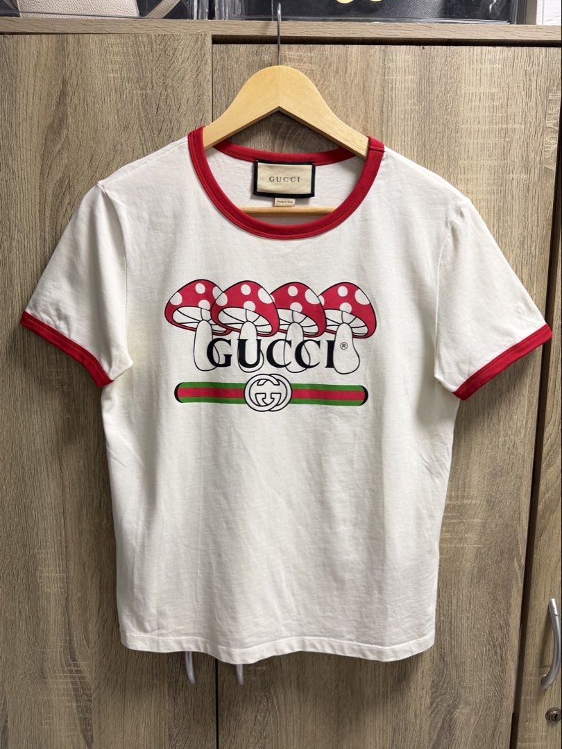 Gucci Mushroom Graphic Tshirt (Category: Luxury Apparel) located in Imus. Submitted by rckrmns (Listing ID 1465341334, Image 1). Description: Gucci Mushroom Graphic Tshirt Size M W- 18.5 L- 23 Good as new 2,500 .