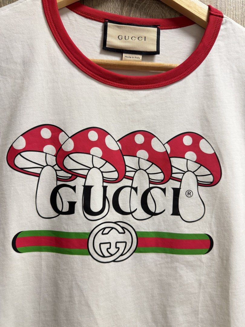 Gucci Mushroom Graphic Tshirt (Category: Blouses) located in Cavite. Submitted by PRIVATE.Selection (Listing ID 1465342591, Image 2). Description: Gucci Mushroom Graphic Tshirt Size M W- 18.5 L- 23 Good as new.