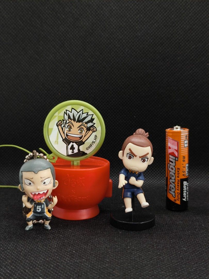 Haikyuu Anime Figures and Keychains Collection (Category: Figurines & Statues) located in Rizal. Submitted by kencamara (Listing ID 1465247681, Image 1). Description: - Haikyuu merchandise bundle - Includes Tanaka and Asahi mini figures - Bokuto keychain on a red bowl stand - Sukiya promotional standee piece - Kept in a smoke-free room - Quick shipping in a padded box - Note: AA battery is for scale reference only and not included.