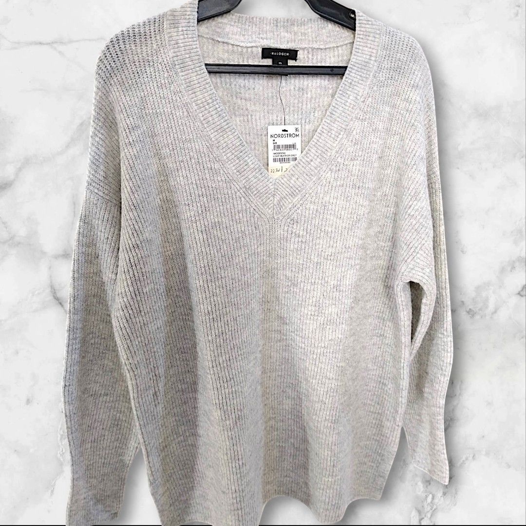 Halogen V-Neck Ribbed Knit Sweater - Light Grey (Category: Coats, Jackets and Outerwear) located in Manila. Submitted by janeneb (Listing ID 1459369215, Image 3). Description: - Brand: Nordstrom - Color: Light Grey - Neckline: V-neck - Texture: Ribbed knit - Size: Medium (tag attached, original price $69.00), US size - Material: Soft and comfortable - Style: Great for layering or wearing alone - Last price.