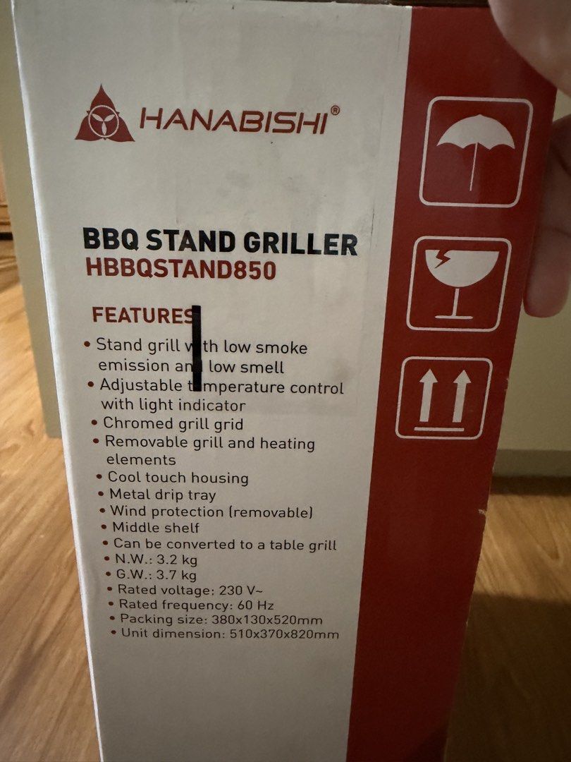 Hanabishi BBQ Stand Griller HBBQSTAND850 (Category: BBQ, Grills & Hotpots) located in Cavite. Submitted by kayatc (Listing ID 1465234532, Image 2). Description: - Brand new, unopened, and factory-sealed Hanabishi BBQ Stand Griller (HBBQSTAND850) - Low smoke emission design, perfect for both indoor and outdoor gatherings - Versatile 2-in-1 design: easily converts from a stand griller to a convenient table grill - Precise adjustable temperature con