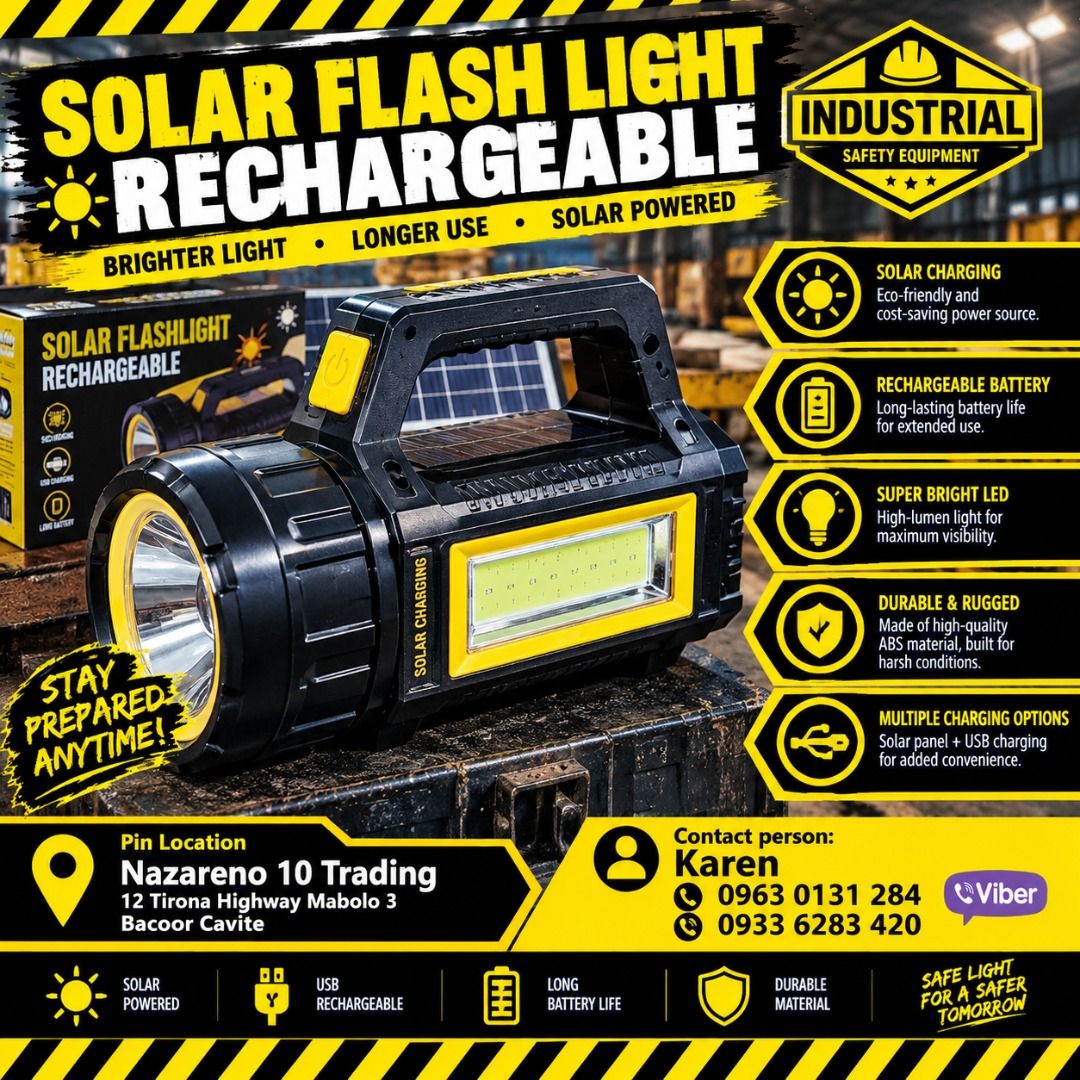 Handheld Flashlight solar Power (Category: Looking For) located in Bacoor. Submitted by kajezame.2021 (Listing ID 1465211650, Image 1). Description: Handheld Flashlight solar Power For More Details and Discount Contact Ms. Karen NAZARENO 10 TRADING 0963 0131 284 0933 6283 420 0956 7028 557 0933 8559 510 Landline: Look for Ms. Karen (046 ) 416 3920 Also available: • Traffic cone • Parking Block stopper • Hooded trash bin • Road Plastic Barrier • S