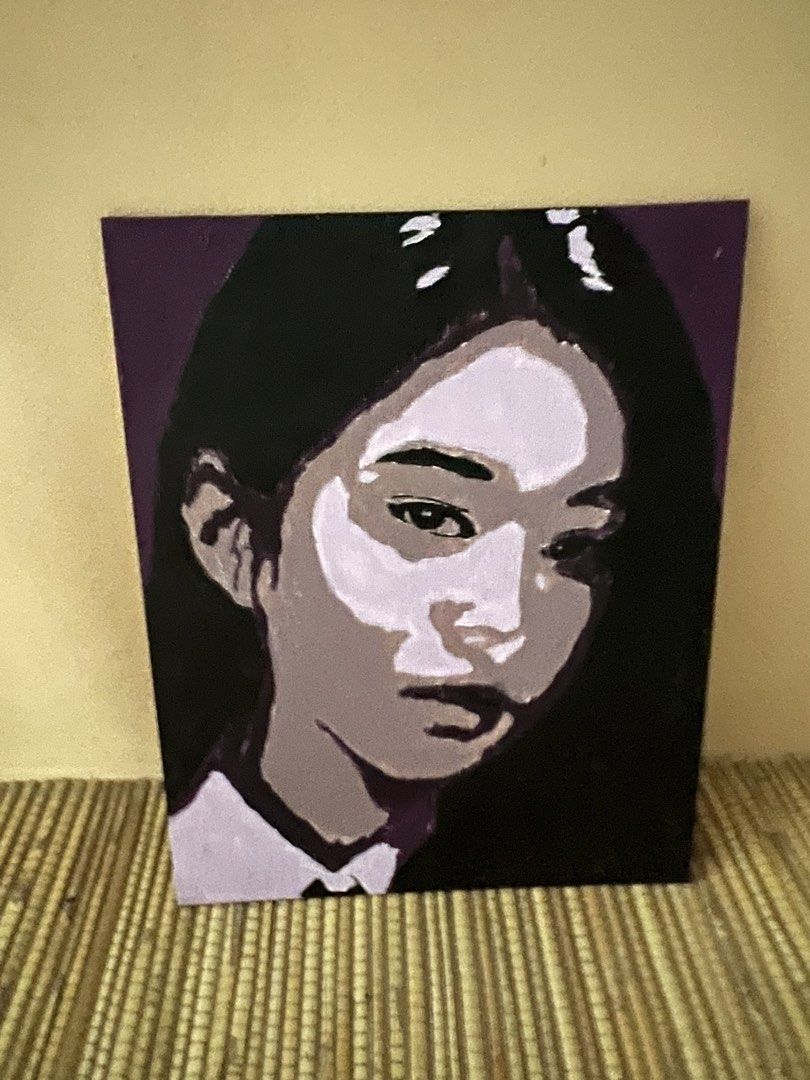 Handmade portrait canvas art purple black (Category: Art & Prints) located in San Juan City. Submitted by iambernie (Listing ID 1465176321, Image 1). Description: - Original painted canvas portrait - Monochromatic color scheme (black, white, and purple tones) - Size: Approximately 8 x 10 inches - Painted on a stretched canvas board with clean edges and a flat surface - pop art style decor for rooms offices cafes etc .