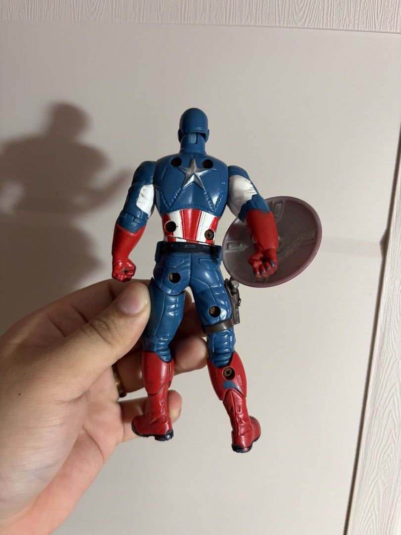 Hasbro Captain America Action Figure with Shield (Category: Figurines & Statues) located in Plaridel. Submitted by moddedjarvis (Listing ID 1465170945, Image 2). Description: - Brand: Hasbro (Made in China, Code: 20301) -Gimmick is working - Design: Classic red, white, and blue suit with visible back screw holes - Accessories: Includes the iconic round red and blue shield - Condition: Stands on its own; has minor paint wear on the boots and shiel