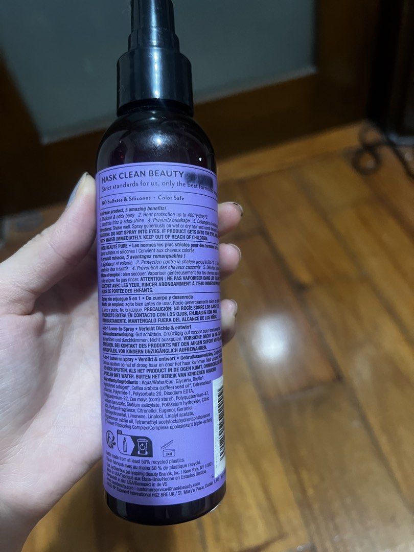 HASK Biotin Boost 5-in-1 Leave-In Spray (Category: Hair) located in Pasay City. Submitted by lilpanda88 (Listing ID 1465347828, Image 2). Description: - Authentic HASK Biotin Boost 5-in-1 Leave-In Spray (175ml) - Infused with biotin, collagen, and coffee seed oil for healthier hair - 5-in-1 benefits: thickens, detangles, controls frizz, adds shine, and protects against heat up to 400°F - Clean beauty formula: free from sulfates and silicones - Co