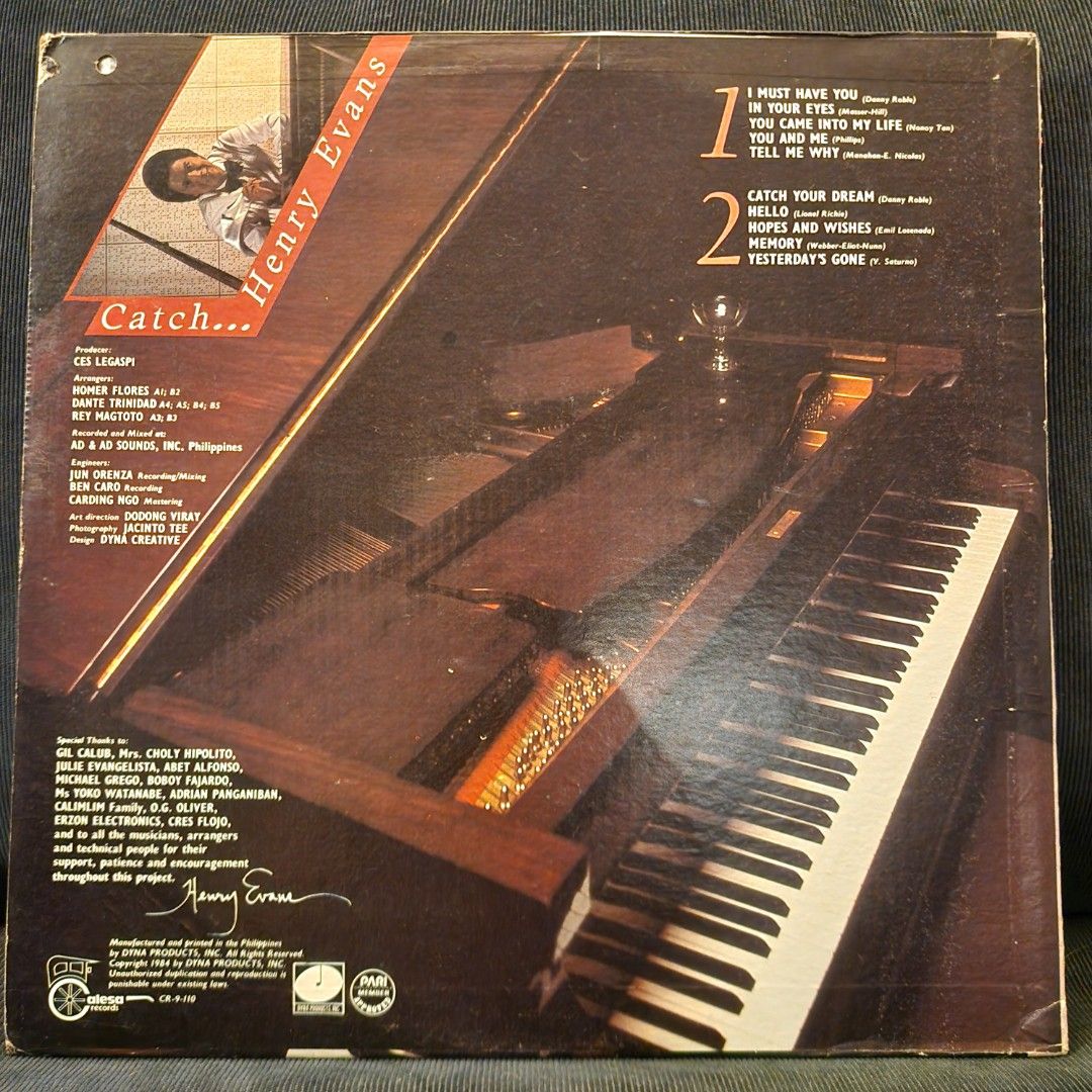 Henry Evans Catch Your Dream Vinyl Record LP (Category: Vinyls) located in Caloocan City. Submitted by Secondhand_Sureshots (Listing ID 1465275832, Image 2). Description: - Artist & Album: Henry Evans - Catch Your Dream - Label & Format: Alesa Records, Stereo, Side 1, Blue Label - Manufacturing: Made in the Philippines by Dyna Products, Inc. (1984) - Tracklist: Must Have You, In Your Eyes, You, You And Why, Tell Me Why - Condition Note: Has tape 