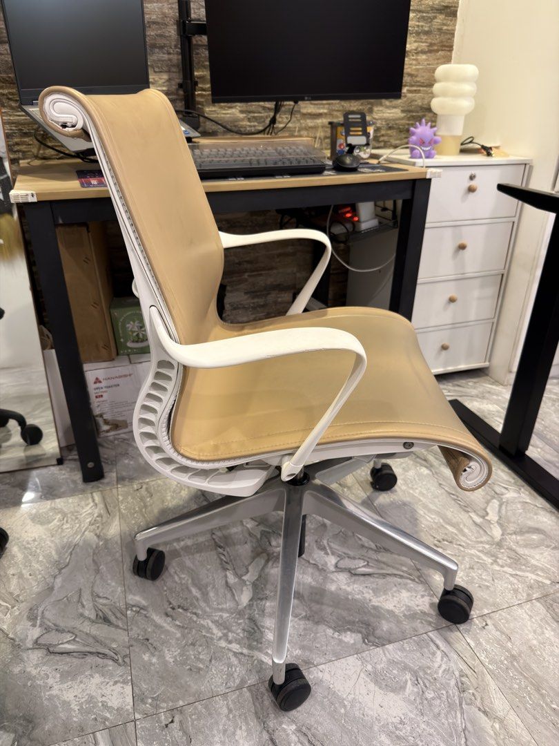 Herman miller setu chair (Category: Office Furniture & Fixtures) located in Marikina City. Submitted by antipolothrifts (Listing ID 1465265728, Image 2). Description: For sale Herman Miller Setu Office Chair – Tan / White Selling my Herman Miller Setu chair in a beautiful tan and white colorway. A sleek, minimalist chair that works great for a home office, executive workspace, study, or modern interior. Details: * Aluminum/metallic 5-star base * 