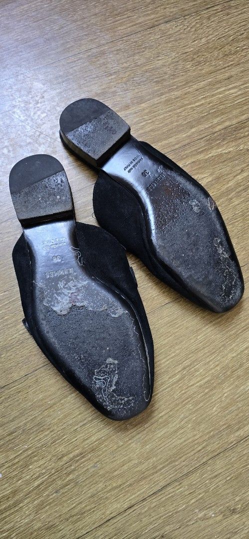 Hermès Black Suede Mules Size 36 (Category: Slippers and slides) located in Quezon. Submitted by archivesss_666 (Listing ID 1465215888, Image 2). Description: - Brand: Hermès - Style: Black suede mules / luxury slides with slip-on design - Size: 36 (Made in Italy) - Details: Eye-catching rhinestone buckle strap and chic pointed-toe silhouette - Condition: Leather soles show wear from previous use - Perfect for adding a touch of elegance to your e
