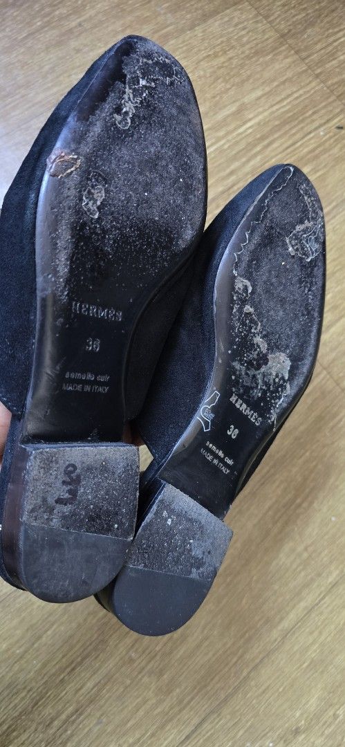 Hermès Black Suede Mules Size 36 (Category: Slippers and slides) located in Quezon. Submitted by archivesss_666 (Listing ID 1465215888, Image 3). Description: - Brand: Hermès - Style: Black suede mules / luxury slides with slip-on design - Size: 36 (Made in Italy) - Details: Eye-catching rhinestone buckle strap and chic pointed-toe silhouette - Condition: Leather soles show wear from previous use - Perfect for adding a touch of elegance to your e
