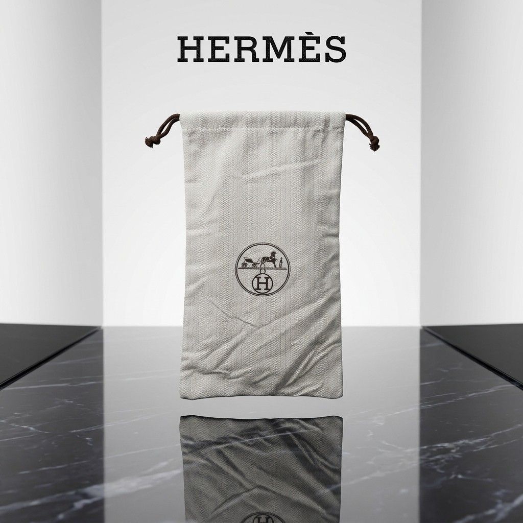 Hermès herringbone dust bag with drawstring (Category: Purses & Pouches) located in Carmen. Submitted by ar_thrift00 (Listing ID 1465376484, Image 1). Description: - Hermès dust bag - Elegant light grey herringbone fabric with brown double drawstrings and knotted ends - Features iconic circular Hermès carriage and horse logo with 'H' stamp - Long vertical design, ideal for slim items and small accessories - Clean, well-maintained, and properly st