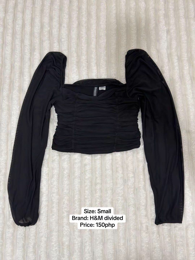 H&M Divided Black Mesh Long Sleeve Top Small (Category: Longsleeves) located in Pasig City. Submitted by jamie.sebuc (Listing ID 1465237733, Image 1). Description: - Brand: H&M Divided - Size: Small (true to size) - Color: Black - Design: Square neckline, ruched front, and long sheer sleeves with gathered shoulders - Fit: Cropped length - Style: Great for going out or layering - Care: Easy to wash and store.