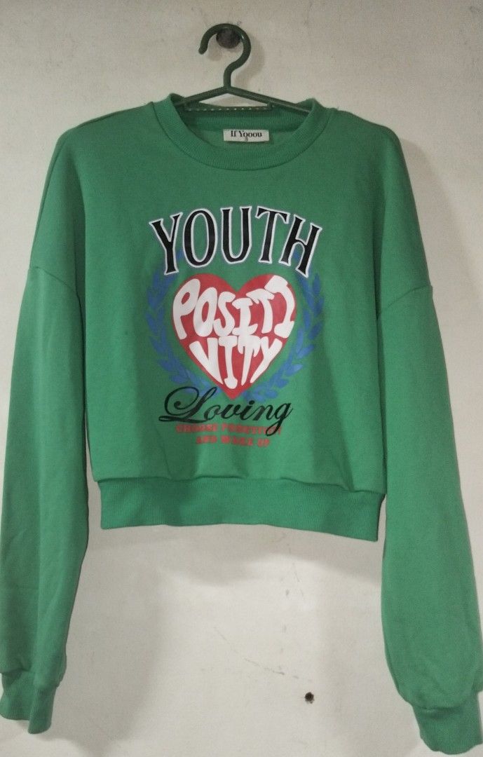 IFYOOOU Green Statement Pullover Longsleeves (Y2K, Vintage) (Category: Longsleeves) located in Rizal. Submitted by ash_tty. (Listing ID 1465308589, Image 1). Description: Can fit S to M Fresh vibes.