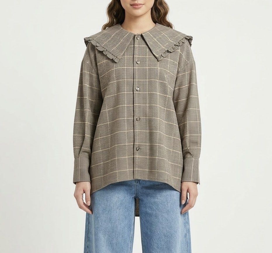 INITIAL Oversized Black Houndstooth Pattern with Brown/Grey Plaid Ruffled Peter Pan Collar Longsleeve (Category: Blouses) located in Caloocan City. Submitted by declutteringph. (Listing ID 1465344092, Image 1). Description: Size 155/76A on the tag! Dimensions: (inches) Shoulder width: 25” Bust width: 25” Body Length: 25” - 30” Sleeves Length: 19”.
