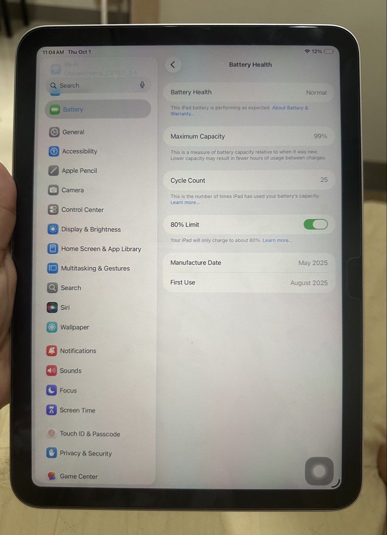 IPad A16 (11th Gen)- WIFI Only (Category: iPad) located in Manila. Submitted by softheartedgurl (Listing ID 1465186756, Image 3). Description: Like New IPAD A16 (Wifi Only) No Dents, no Issue 99% Battery Health 25 Cycle Counts -with complete Accessories.