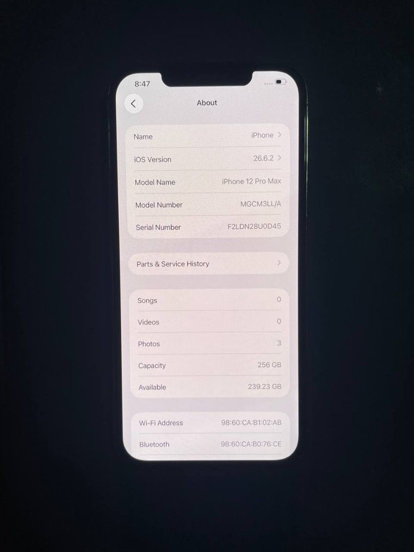IPHONE 12 PRO MAX (Category: iPhone 12 Series) located in Manila. Submitted by preciousvi48019 (Listing ID 1465326514, Image 3). Description: FOR SALE OR SWAP TO LOWER UNIT IPHONE 12 PRO MAX 256GB 73 battery original anysim all working only issue replace LCD GX oled andito pa original lcd if want niyo with 2 case.