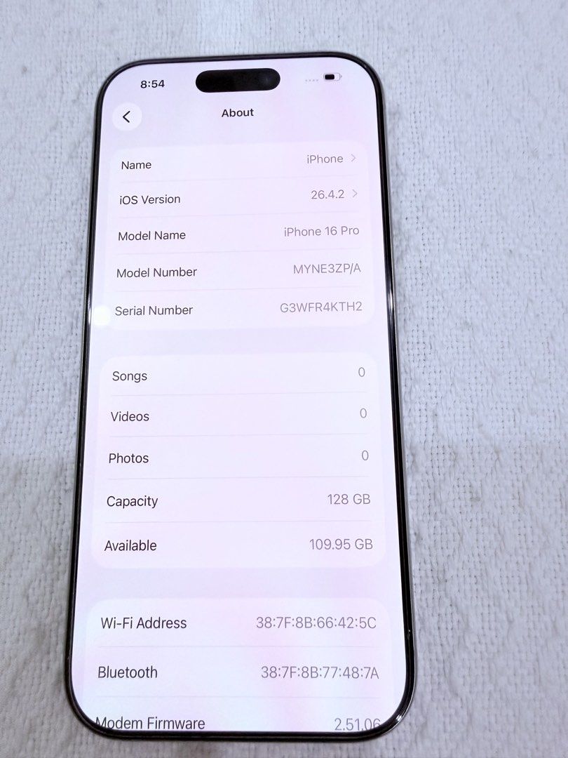 Iphone 16 pro white titanium (Category: iPhone 16 Series) located in Morong. Submitted by aa.vinmy (Listing ID 1454988733, Image 3). Description: iPhone 16 pro 128 White titanium Selling with original Box and chord Pristine Condition, no damage 100% battery health No swap and pass low ballers Factory Unlock Any sim Unli check and reset Face ID ZP/A NTC approved No history of repair Comes with 2 free case and matte screen protector Meet up at Olon