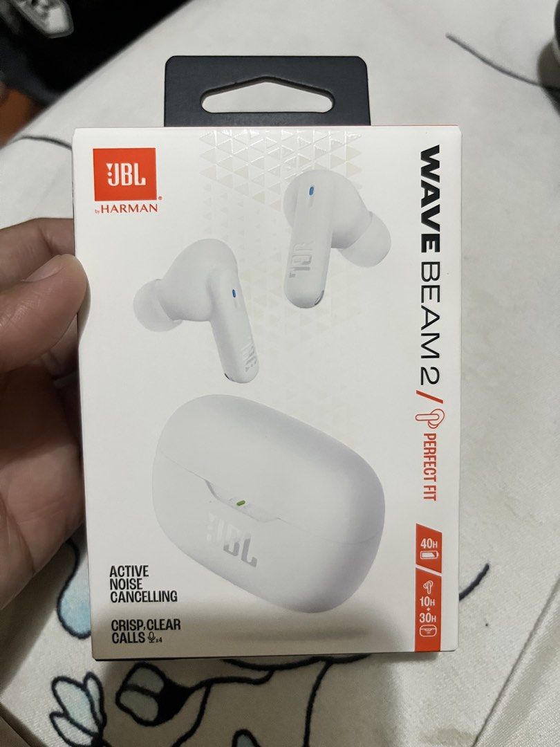 JBL Wave Beam 2 True Wireless Earbuds (Category: Earphones) located in Marikina City. Submitted by krabypaty (Listing ID 1465309309, Image 1). Description: - Brand: JBL Wave Beam 2 Wireless Earbuds - Color: White - Condition: Brand new, still sealed in original retail box - Noise Cancelling: Active Noise Cancelling & Smart Ambient technology - Call Quality: Crystal-clear calls with 4 built-in mics - Battery Life: Up to 40 hours total with chargin