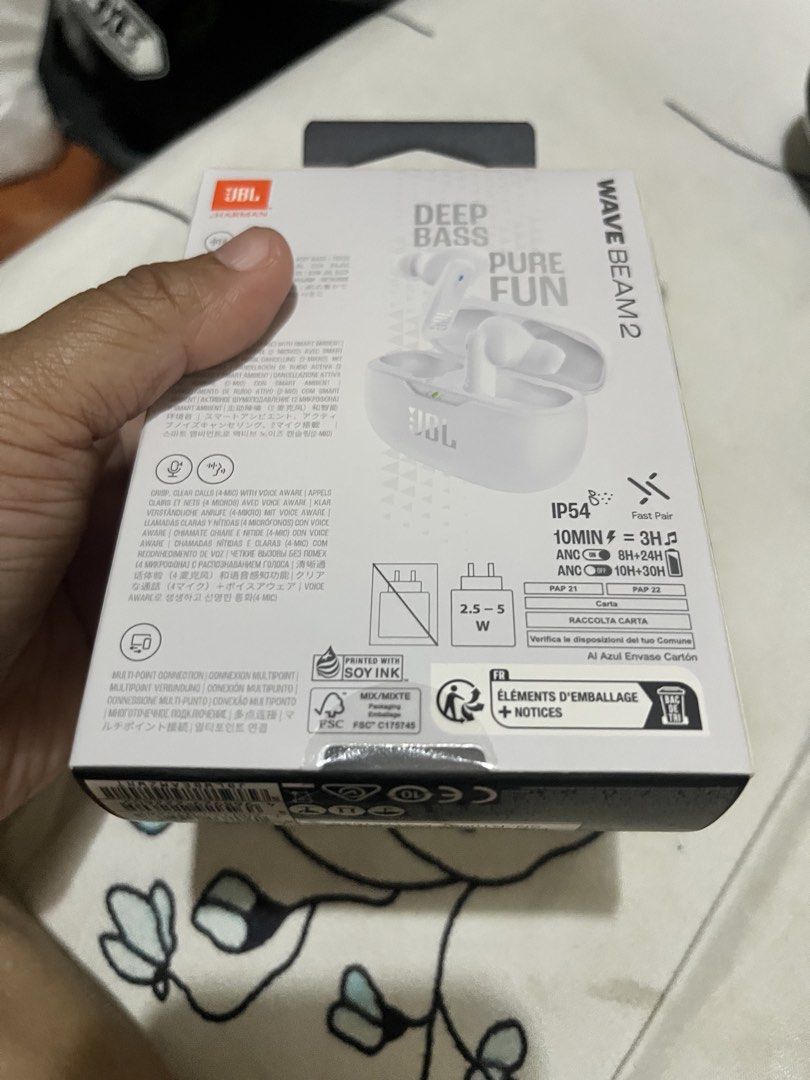 JBL Wave Beam 2 True Wireless Earbuds (Category: Earphones) located in Marikina City. Submitted by krabypaty (Listing ID 1465309309, Image 2). Description: - Brand: JBL Wave Beam 2 Wireless Earbuds - Color: White - Condition: Brand new, still sealed in original retail box - Noise Cancelling: Active Noise Cancelling & Smart Ambient technology - Call Quality: Crystal-clear calls with 4 built-in mics - Battery Life: Up to 40 hours total with chargin