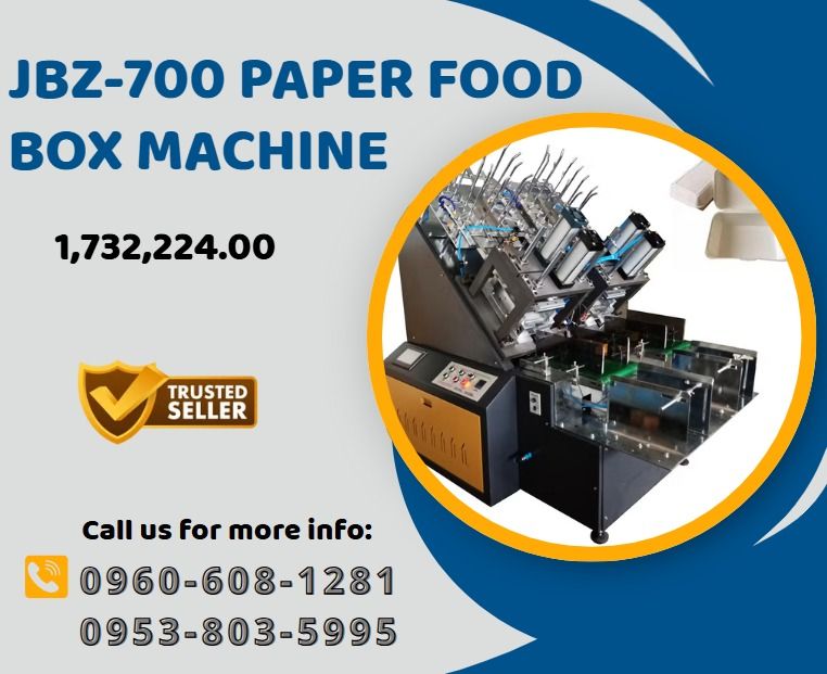 JBZ-700 Paper food Box Machine (Category: Construction Tools & Equipment) located in Caloocan City. Submitted by liezelmonl80299 (Listing ID 1465214022, Image 1). Description: 1)Electrical Supply: 220V 50Hz 2)Total power: 5KW 3)Rated Productivity: 40-60p/min (two station) 4)Weight: 1000KG 5)Package size (L×W×H): 1900*1050*1950mm 6)Air pressure: 0.8mpa 7)Warranty: 1 year .